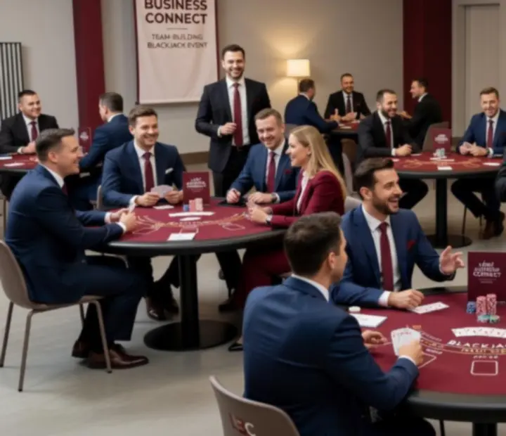 Uczestnicy team-buildingu grający przy stole blackjackowym w formie rozrywki