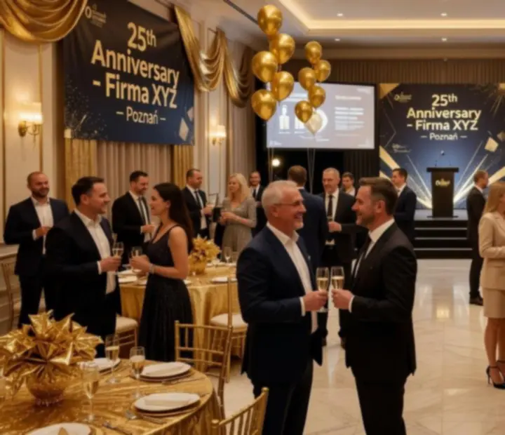 Elegancka gala jubileuszowa firmy z dekoracjami w złocie i sceną
