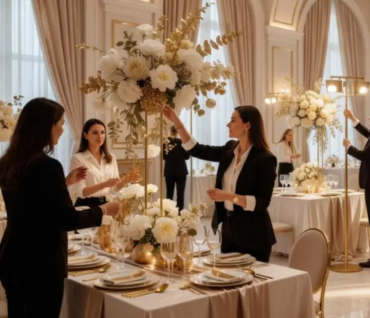 Wyrafinowana scenografia wieczornego wydarzenia z eleganckim oświetleniem i dopracowanymi detalami.