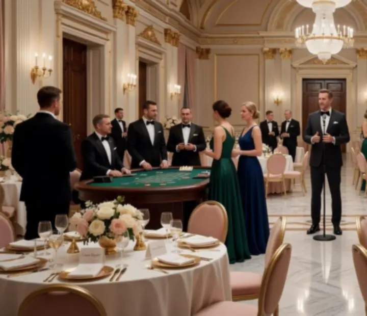 Gala w stylu Casino Royale z elegancką scenografią, sceną i stołami eventowymi