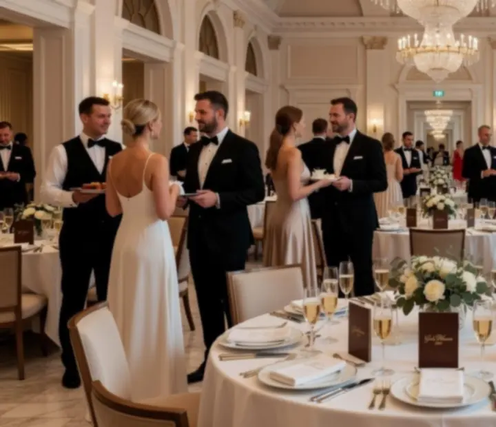 Elegancki wieczorny bankiet z gośćmi przy stołach i nastrojowym oświetleniem