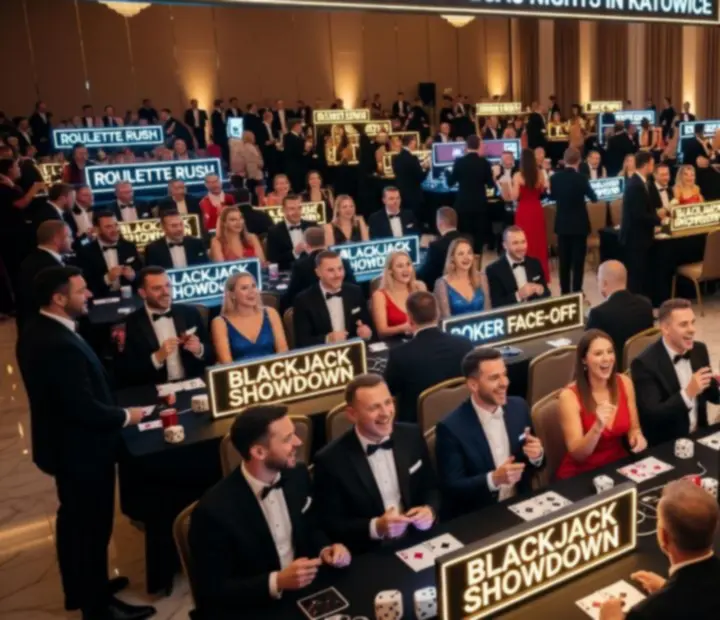 Integracja firmowa w stylu Las Vegas z uczestnikami przy stołach eventowych