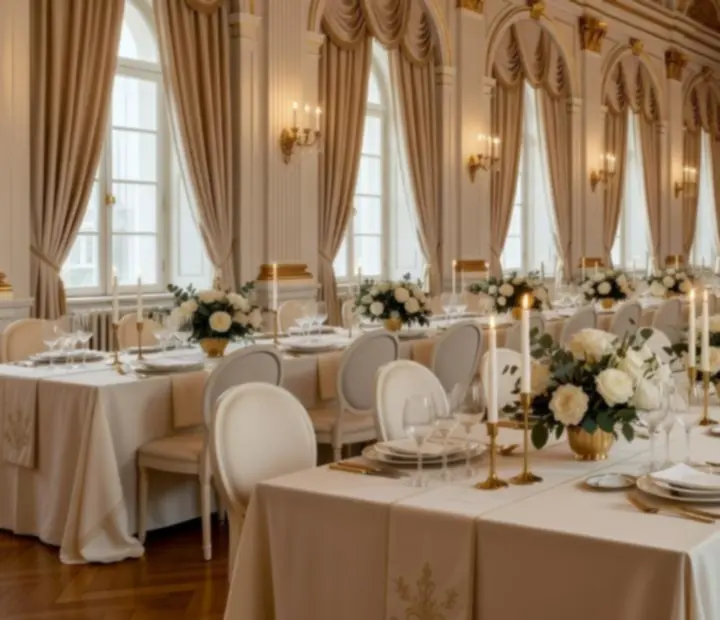 Elegancko zaaranżowana sala wydarzenia Evening Lodge z oświetleniem i nakrytymi stołami