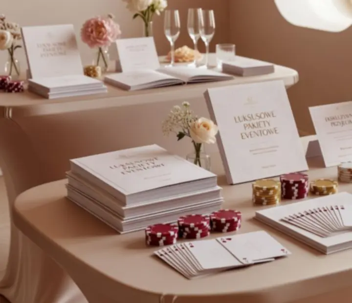 Elegancka sala eventowa przygotowana na wieczór tematyczny z kasynowymi stołami i nastrojowym oświetleniem