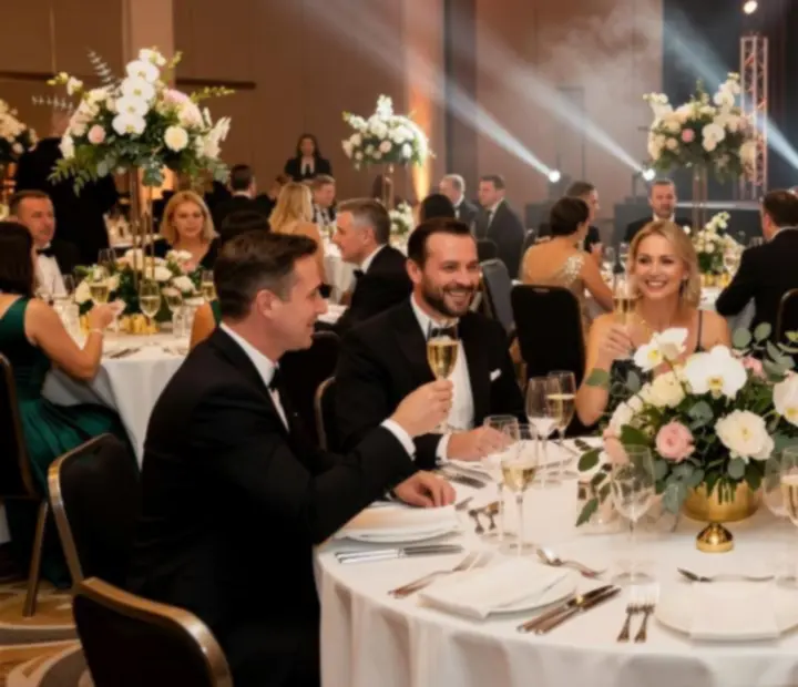 Uroczysta gala firmowa z elegancką sceną i gośćmi przy okrągłych stołach