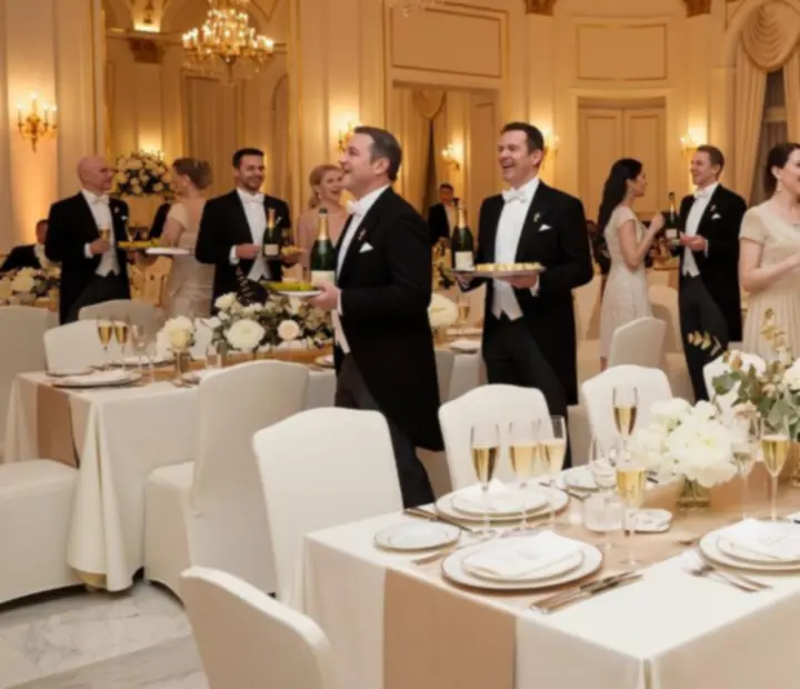 Elegancki wieczorny event z gośćmi przy stołach w nastrojowym oświetleniu