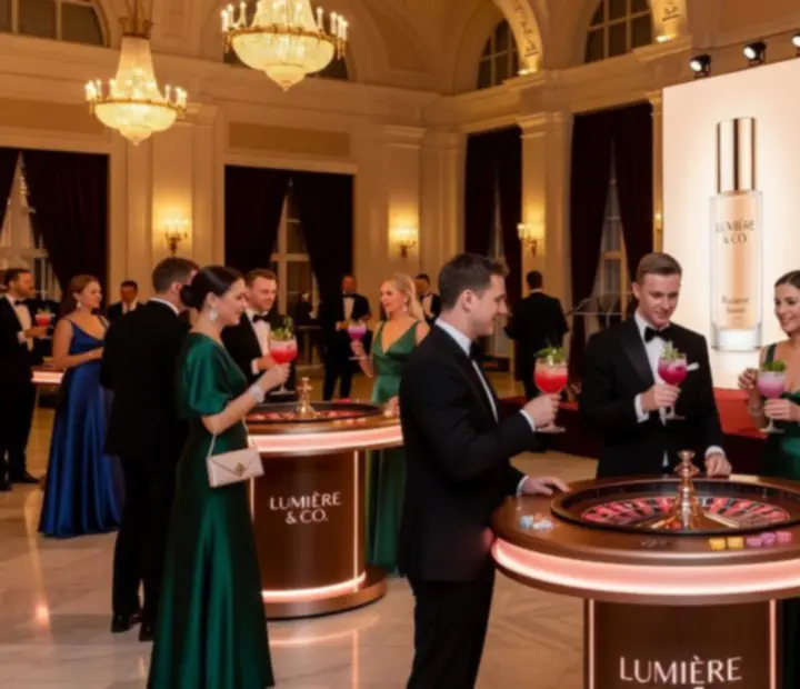 Gala produktowa z elegancką sceną i stołami do ruletki w strefie rozrywkowej