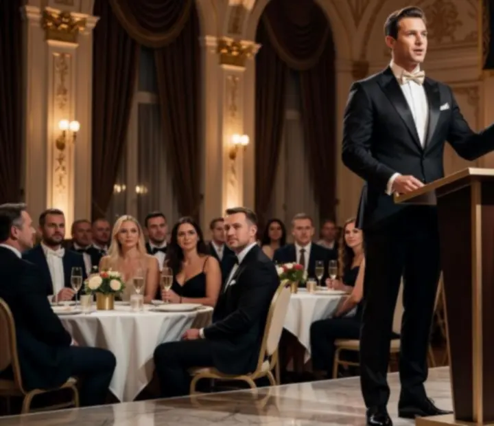 Profesjonalny prowadzący wydarzenie na scenie podczas gali Evening Lodge