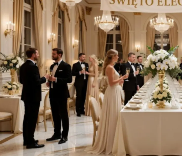 Elegancki wieczór eventowy z gośćmi przy stołach w nastrojowo oświetlonej sali