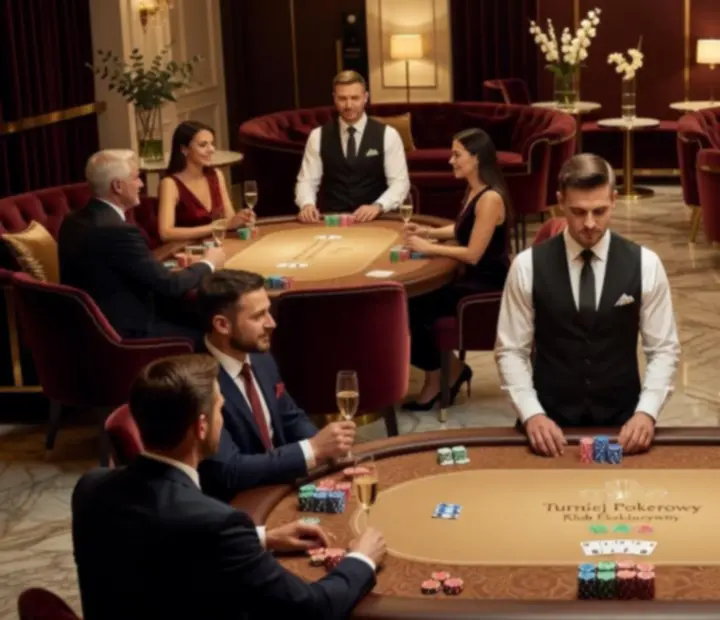 Stylowy stół pokerowy z kartami, żetonami i elegancką obsługą podczas wieczoru eventowego